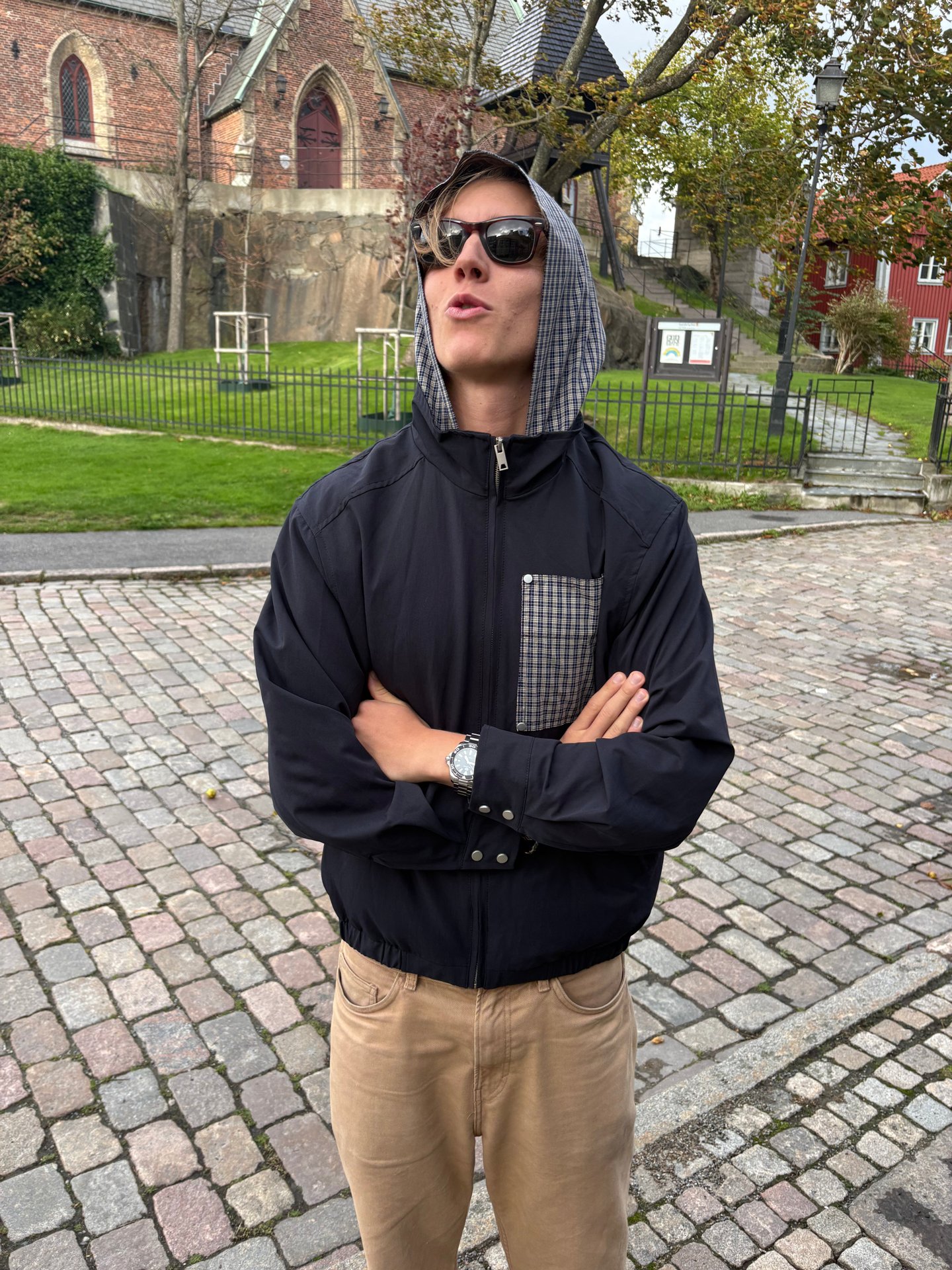 Model wearing the Checkered Patchwork Pocket Jacket